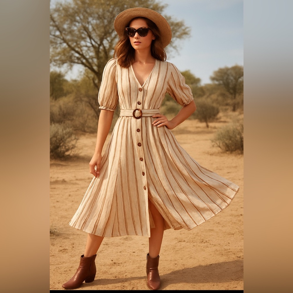 Blu Pepper‎ Beige Striped Long 3/4 Sleeve Dress linen blend size M